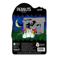 Super7 Peanuts Charlie Brown ReAction Figure in ghost costume with multiple eye holes and trick-or-treat accessories.
