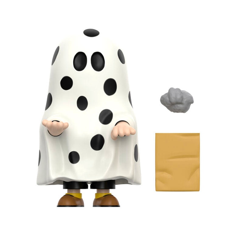 Super7 Charlie Brown ReAction Figure in ghost sheet costume with rock and treat bag from Great Pumpkin special.