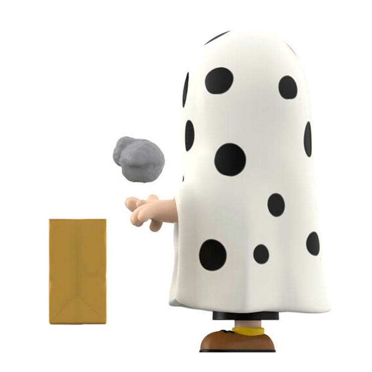Super7 Charlie Brown figure in spotted ghost costume holding rock with trick-or-treat bag on white background