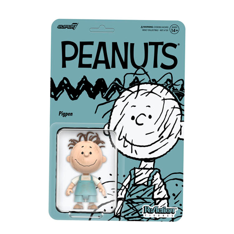 Super7 Peanuts Pigpen ReAction Figure 3.75 inch in overalls with dust cloud packaging display