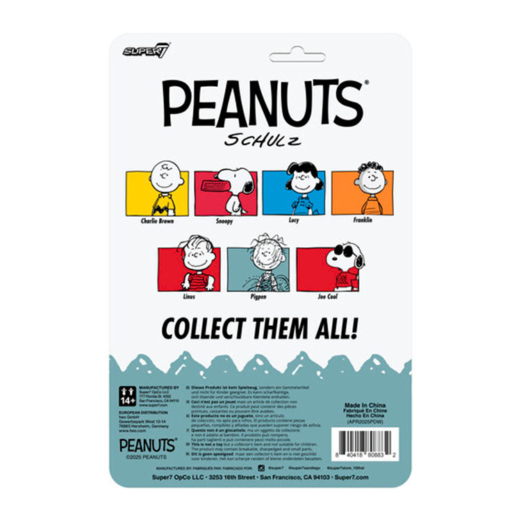 Super7 Peanuts Pigpen ReAction Figure packaging back featuring character lineup and collectible details