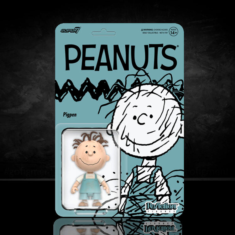 Super7 Peanuts Pigpen ReAction Figure 3.75 inch in overalls with signature dust cloud and vintage card back