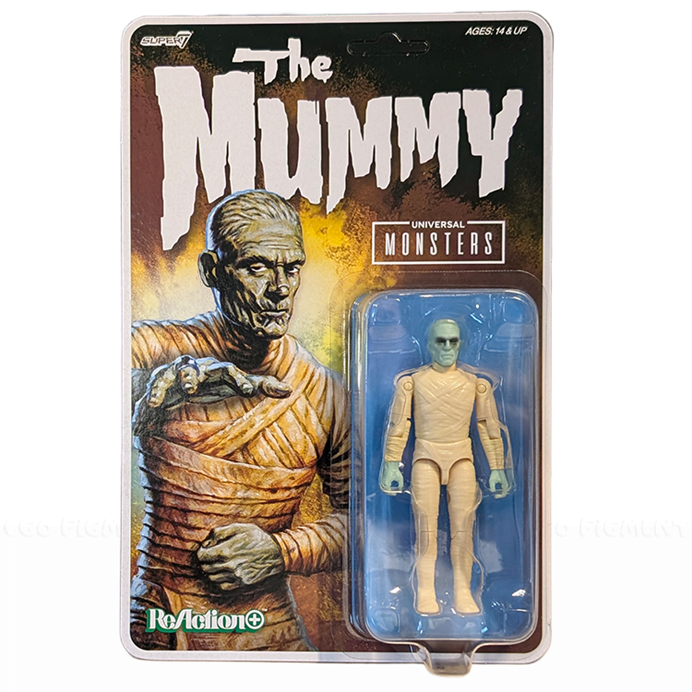 Universal Monsters The Mummy 3 3/4-inch ReAction+ Figure by Super7 in vintage styled packaging with mummy art.