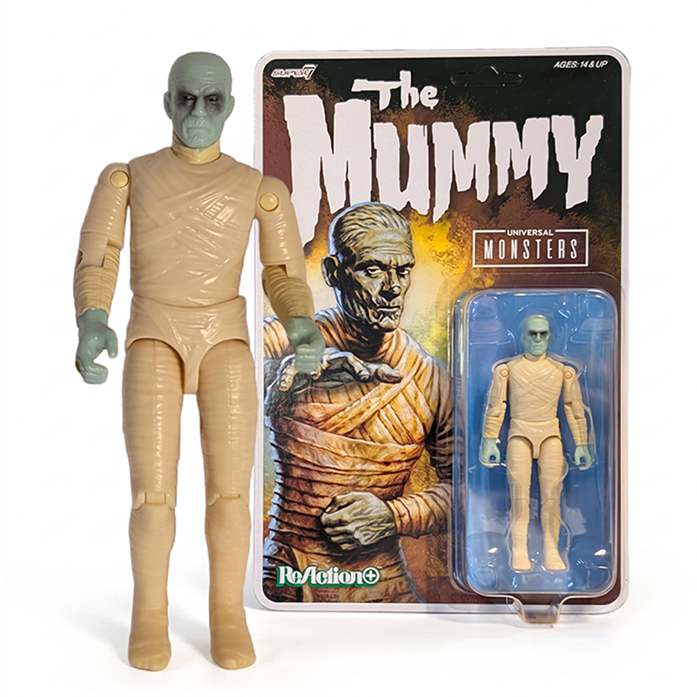 Universal Monsters The Mummy 3 3/4-inch ReAction+ Figure by Super7 with collectible packaging and articulated limbs.