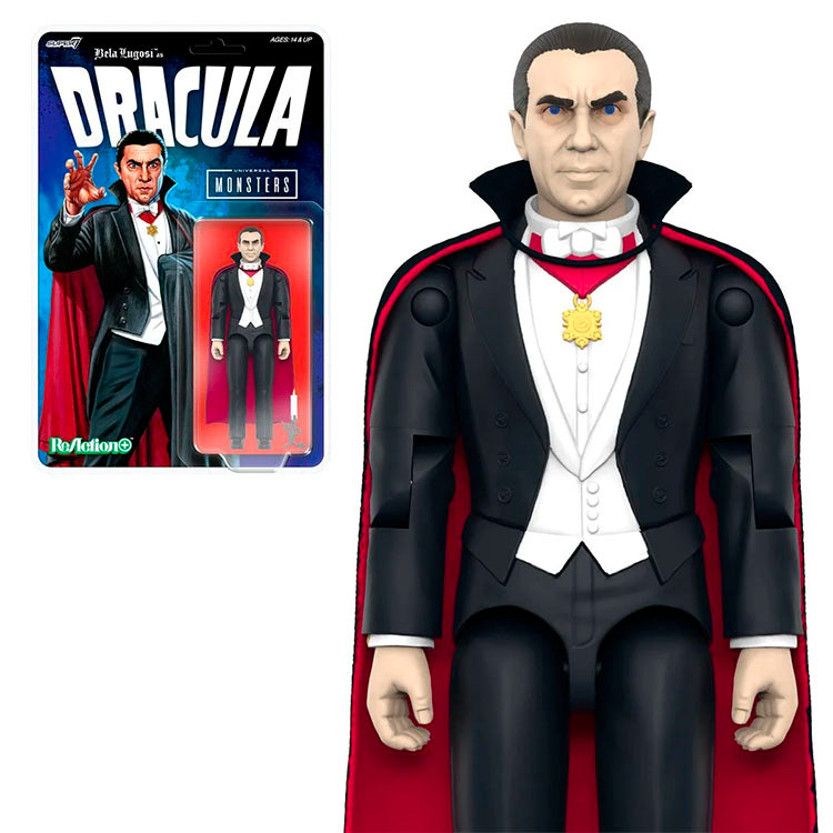 Hasbro Universal Monsters Dracula 3.75-inch ReAction Figure with cape and candelabra accessory in vintage-style packaging.