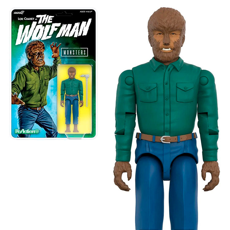 Hasbro Universal Monsters Wolf Man 3.75-inch ReAction Figure with walking cane accessory in packaging and loose pose