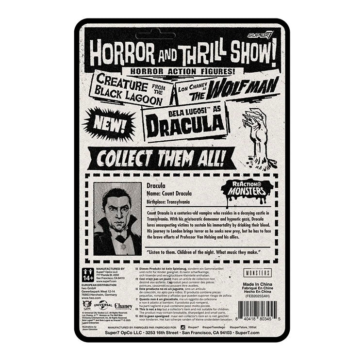 Back packaging of Hasbro Universal Monsters Dracula ReAction figure with character bio and collectible details