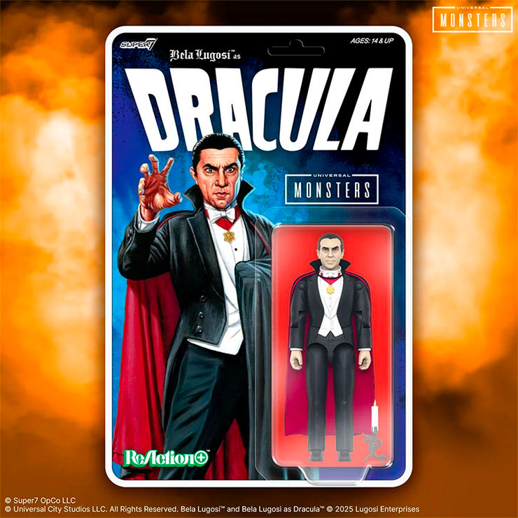Hasbro Universal Monsters Dracula 3.75-inch ReAction+ figure with vintage design and candelabra accessory in packaging
