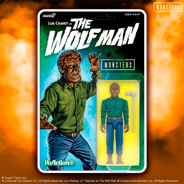 Hasbro Universal Monsters Wolf Man 3.75-inch ReAction figure with walking cane accessory in vintage-style packaging