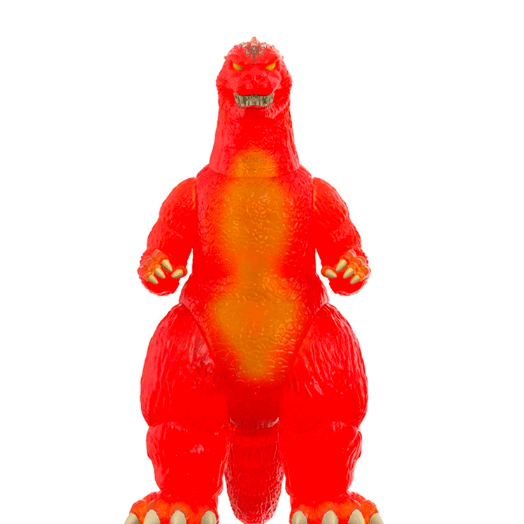 Godzilla 1989 translucent fiery orange and yellow ReAction figure by Super7 standing upright on white background