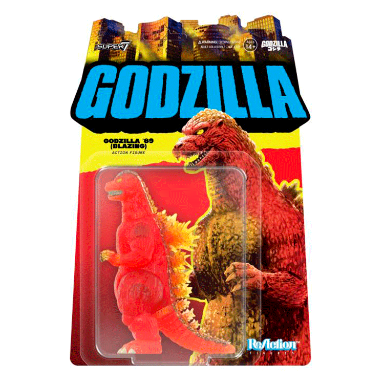 Super7 Godzilla '89 Blazing orange and yellow translucent ReAction figure in packaging with classic artwork and logo.