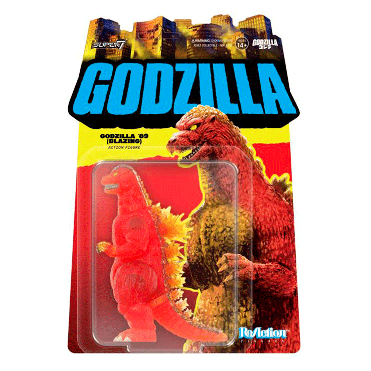 Super7 Godzilla '89 Blazing orange and yellow translucent ReAction figure in packaging with classic artwork and logo.