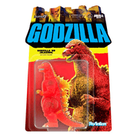 Super7 Godzilla '89 Blazing orange and yellow translucent ReAction figure in packaging with classic artwork and logo.