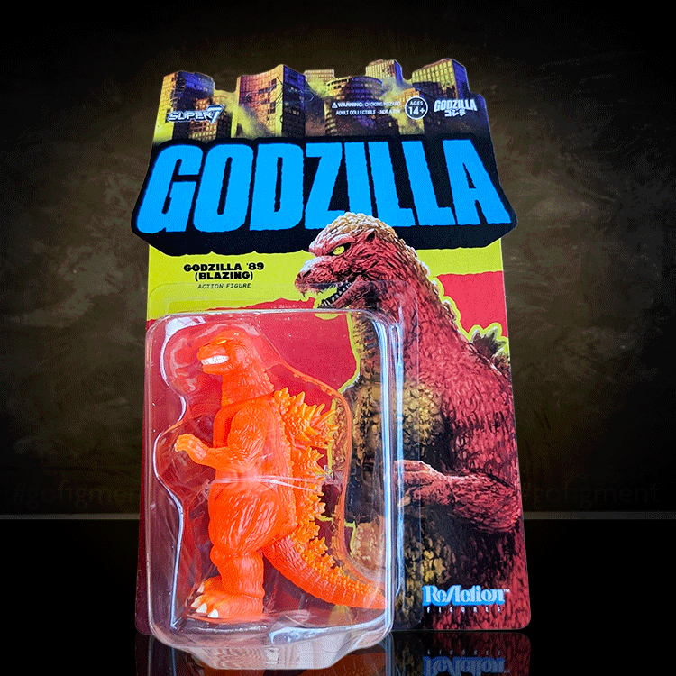 Godzilla '89 blazing orange and yellow translucent figure by Super7 in retro packaging with city skyline background.