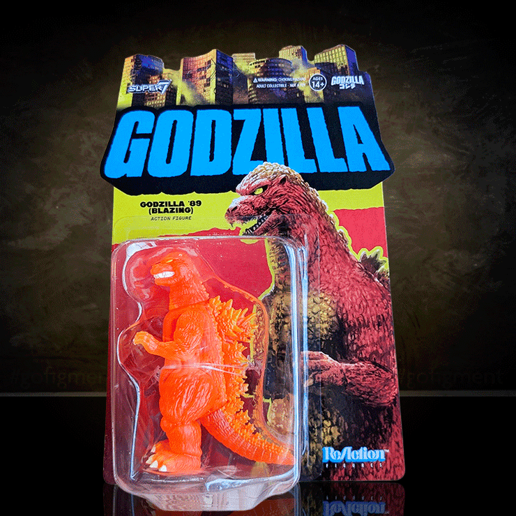 Godzilla '89 blazing orange and yellow translucent figure by Super7 in retro packaging with city skyline background.