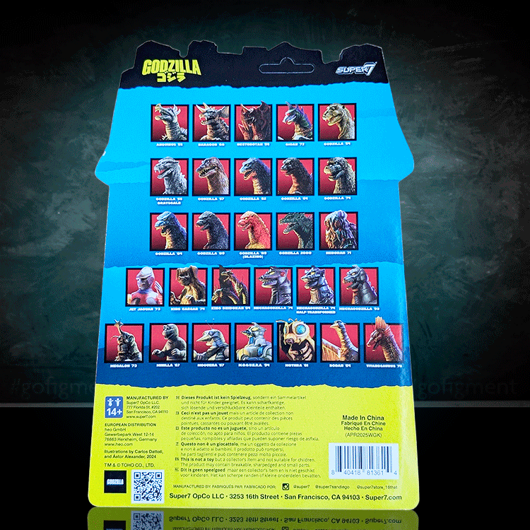 Back of Godzilla ReAction Figure packaging displaying multiple Super7 Godzilla character models in rows against a blue background