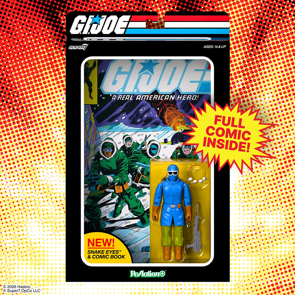 G.I. Joe Snake Eyes action figure package with comic book and full comic inside callout