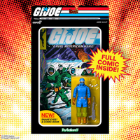 G.I. Joe Snake Eyes action figure package with comic book and full comic inside callout