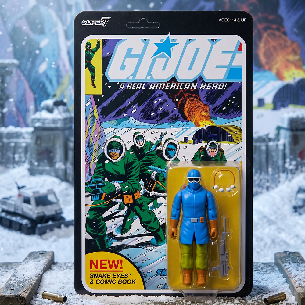 GI Joe Snake Eyes action figure in blue winter outfit with comic book card art