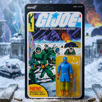 GI Joe Snake Eyes action figure in blue winter outfit with comic book card art