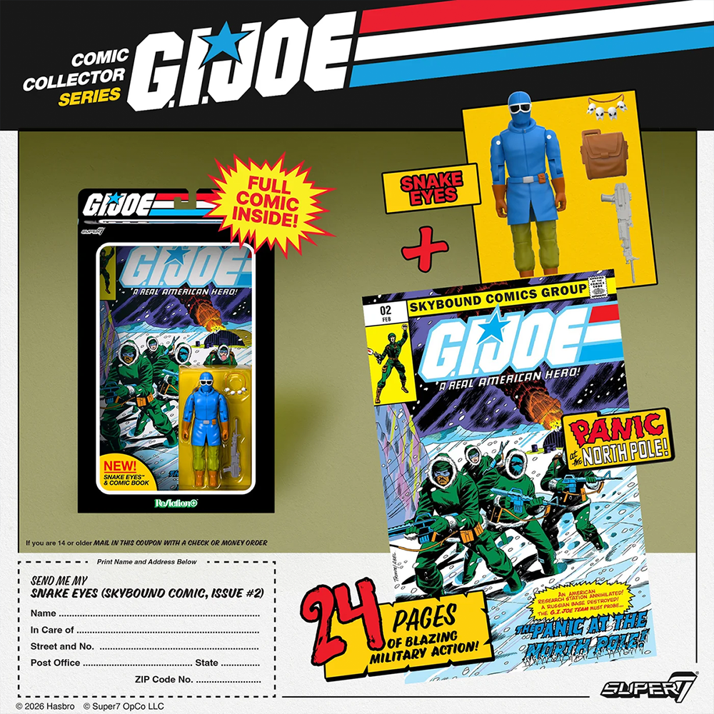 G.I. Joe Comic Collector Series artwork featuring Snake Eyes, a figure, and a Skybound Comics cover
