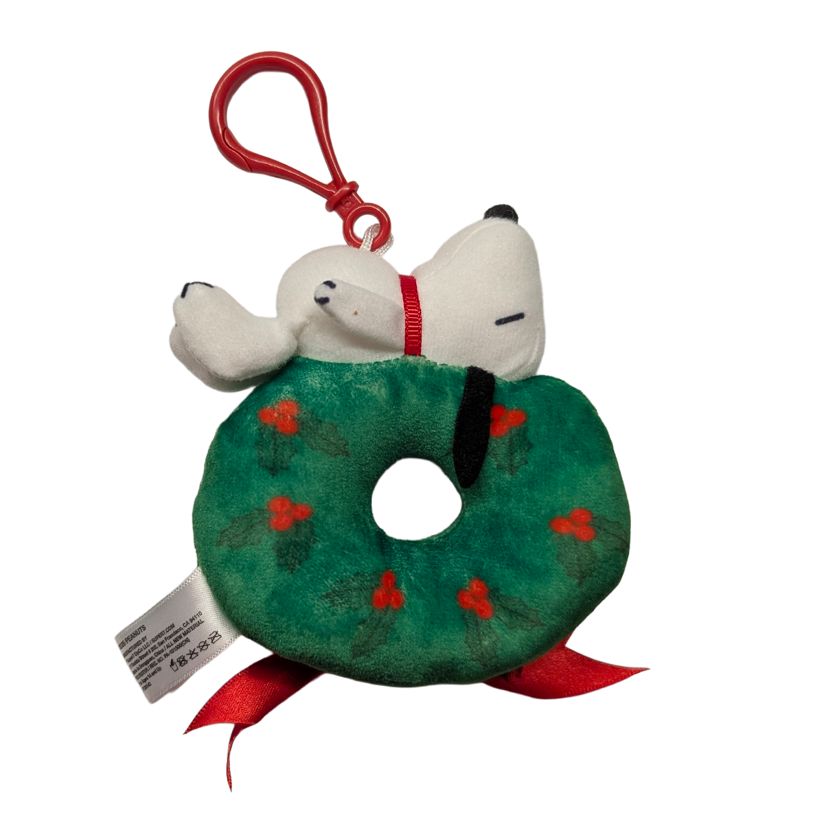 Snoopy on Wreath Peanuts Super Duper Plush Holiday Keychain Super7 Snoopy plush on a green wreath with red ribbon