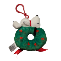Snoopy on Wreath Peanuts Super Duper Plush Holiday Keychain Super7 Snoopy plush on a green wreath with red ribbon