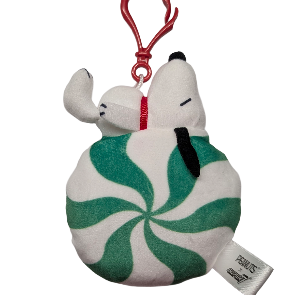 Snoopy on Green Mint Peanuts Super Duper Plush Holiday Keychain Super7 green and white peppermint swirl plush