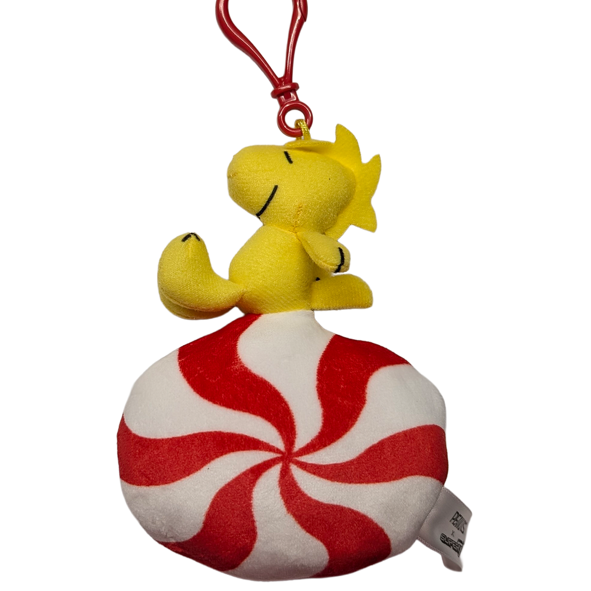 Woodstock Red Mint Peanuts Super Duper Plush Holiday Keychain Super7 with Woodstock on peppermint candy