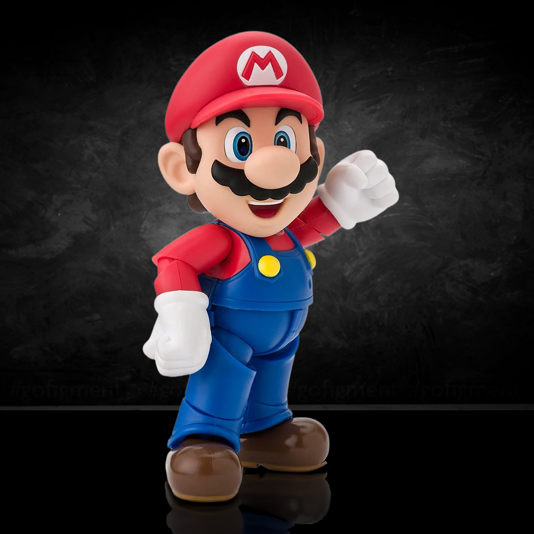 Super Mario Bros Mario S.H.Figuarts Action Figure by Bandai Tamashii Nations posed with fist raised by SH Figuarts vendor