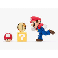 Super Mario Bros Mario S.H.Figuarts Action Figure by Bandai Tamashii Nations with coin block and mushroom by SH Figuarts.