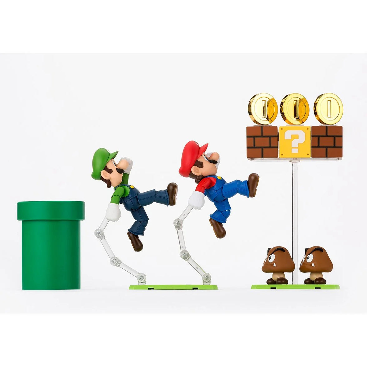 Super Mario Bros S.H.Figuarts Complete 3 Action Figures and Playset by Bandai Tamashii Nations with Luigi, Mario, and coins