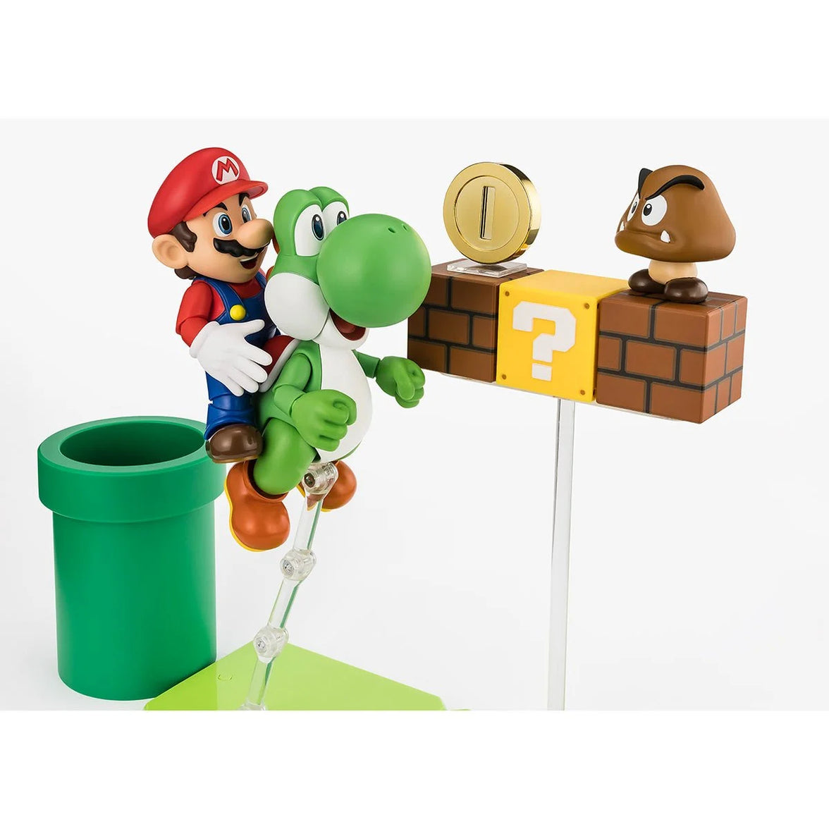 Super Mario Bros S.H.Figuarts Complete 3 Action Figures and Playset by Bandai Tamashii Nations with Mario, Yoshi, and Goomba
