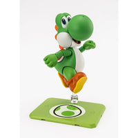 Super Mario Bros Yoshi S.H.Figuarts Action Figure by Bandai Tamashii Nations posed on green display stand by SH Figuarts