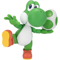 Super Mario Bros Yoshi S.H.Figuarts Action Figure by Bandai Tamashii Nations posed holding a green spotted egg by SH Figuarts