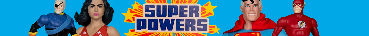 Super Powers logo with Batman, Wonder Woman, Superman, Flash and Green Lantern characters