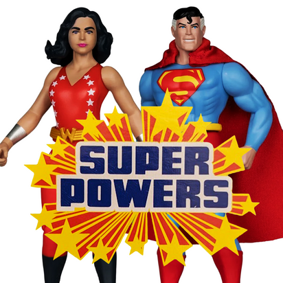 Wonder Woman and Superman figures behind bold Super Powers text with a colorful starburst design
