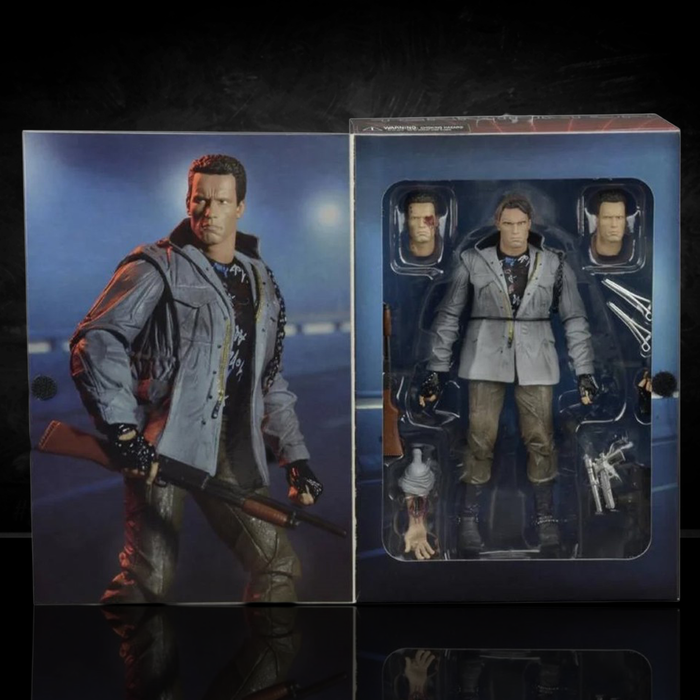 The Terminator T-800 Tech Noir Ultimate 7-Inch Scale Action Figure NECA with interchangeable heads and accessories in packaging