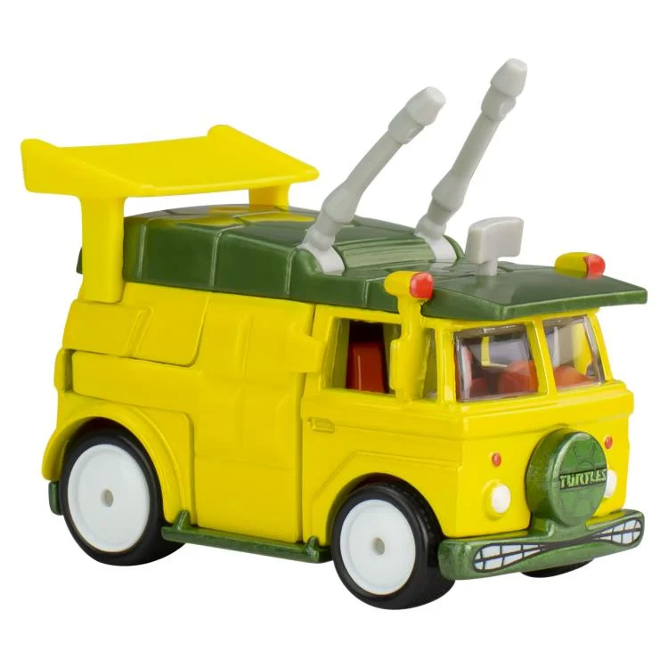 Diecast Hot Wheels Teenage Mutant Ninja Turtles Party Wagon model with detailed turtle shell design and accessories.
