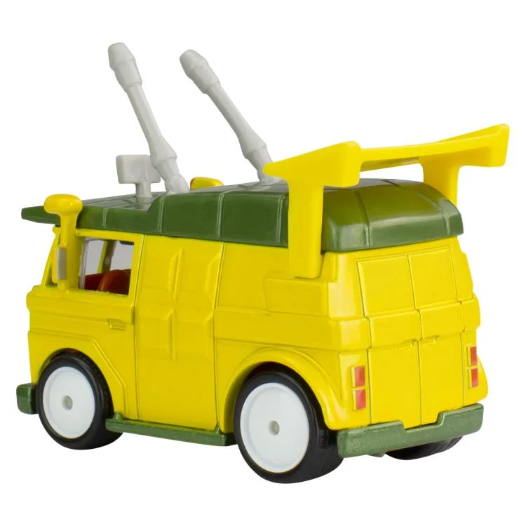 Yellow and green TMNT Party Wagon diecast car with white wheels and roof-mounted cannons by Mattel