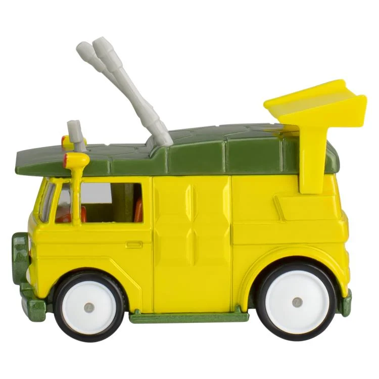 Hot Wheels TMNT Party Wagon diecast car with green shell design and yellow body, detailed 1:64 scale replica by Mattel.