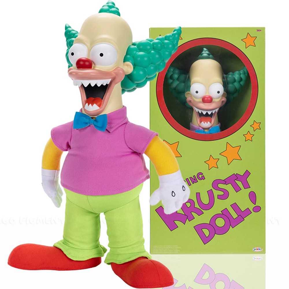 Talking Krusty Doll 15" Action Figure The Simpsons Pull String 10+ Phrases by Jakks Pacific with colorful outfit and packaging.