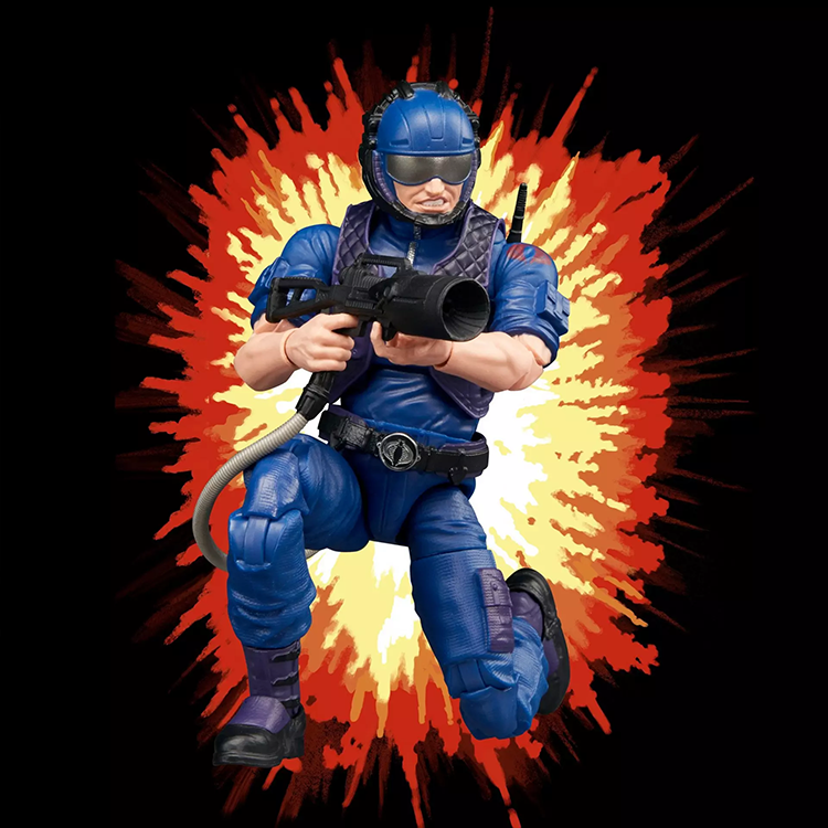 G.I. Joe Classified Series Retro Cardback Cobra Tele-Viper action figure in blue gear with weapon against explosion background