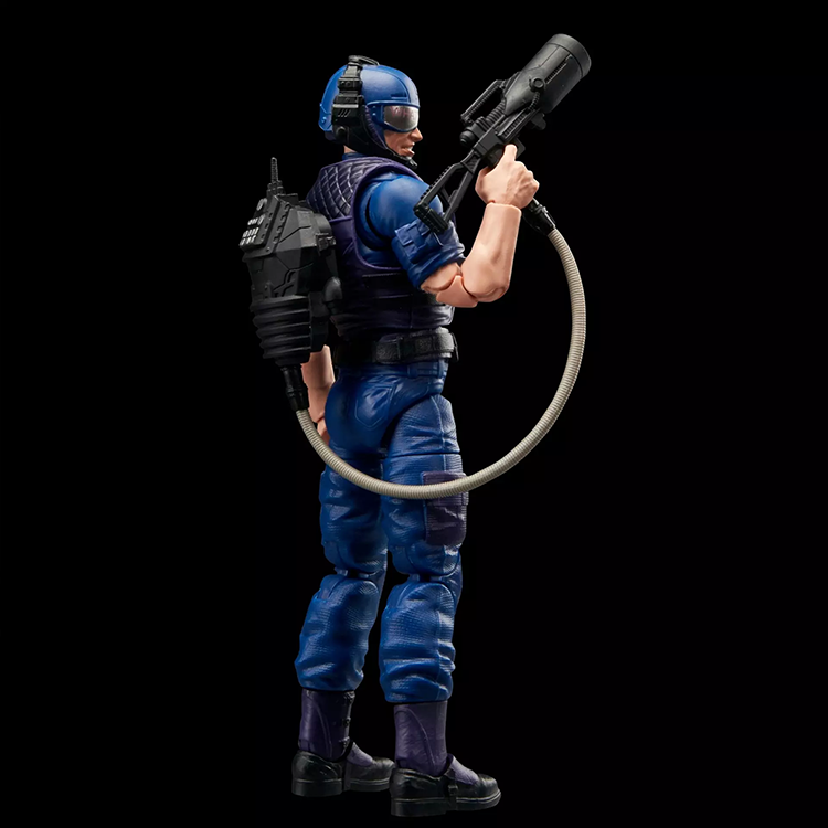G.I. Joe Classified Series Tele-Viper action figure in blue with detailed gear and communications backpack against black background