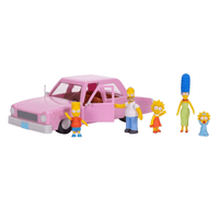 Jakks Pacific 2.5-inch Simpsons family figures with classic pink sedan featuring opening doors and detailed interior