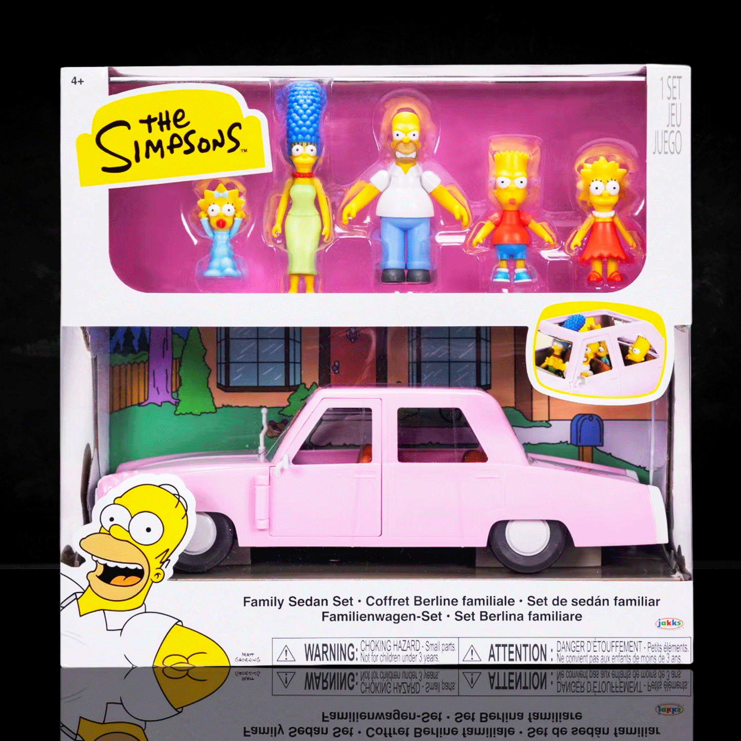 Jakks Pacific collectible set featuring The Simpsons family figures with classic pink sedan playset in packaging