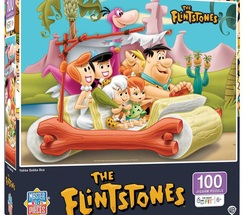 Master Pieces The Flintstones 100 piece jigsaw puzzle featuring Fred and family in their car with Dino on box front