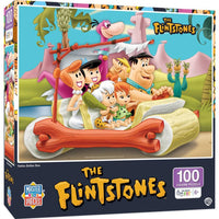 Master Pieces The Flintstones 100 piece jigsaw puzzle featuring Fred and family in their car with Dino on box front