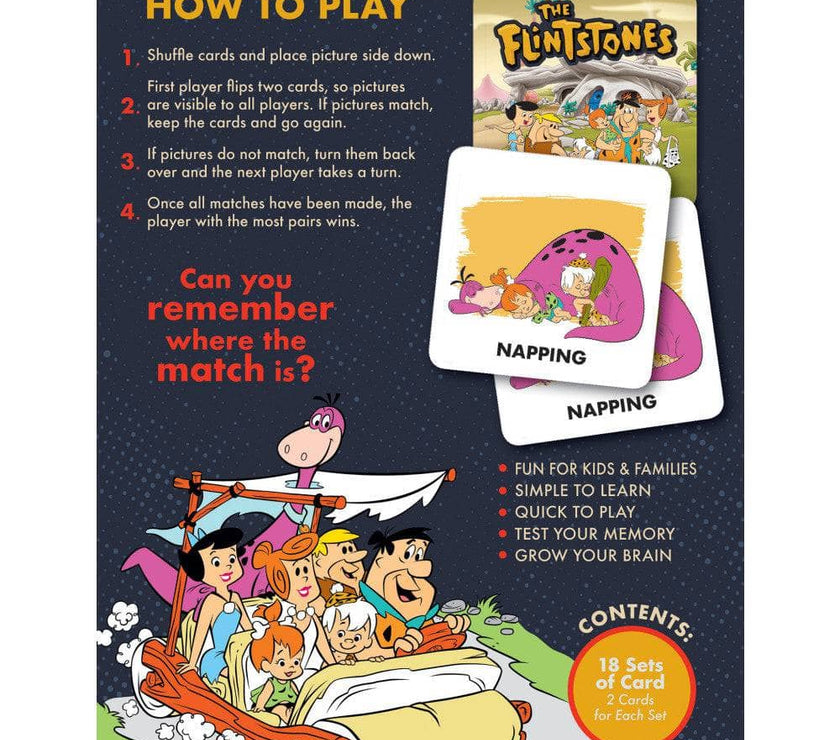 The Flintstones Memory-Matching 36 Card game by Master Pieces featuring family-friendly prehistoric scenes and characters