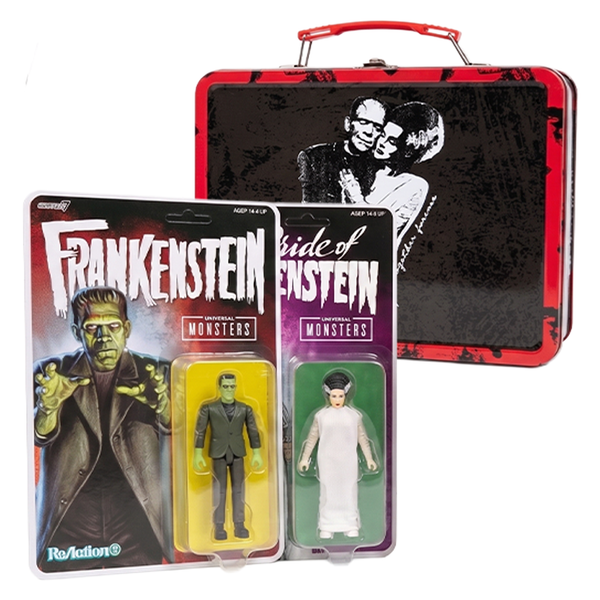 Frankenstein and Bride Universal Monsters ReAction Figure Set with Tin Tote Super7 Factory Entertainment collectible set